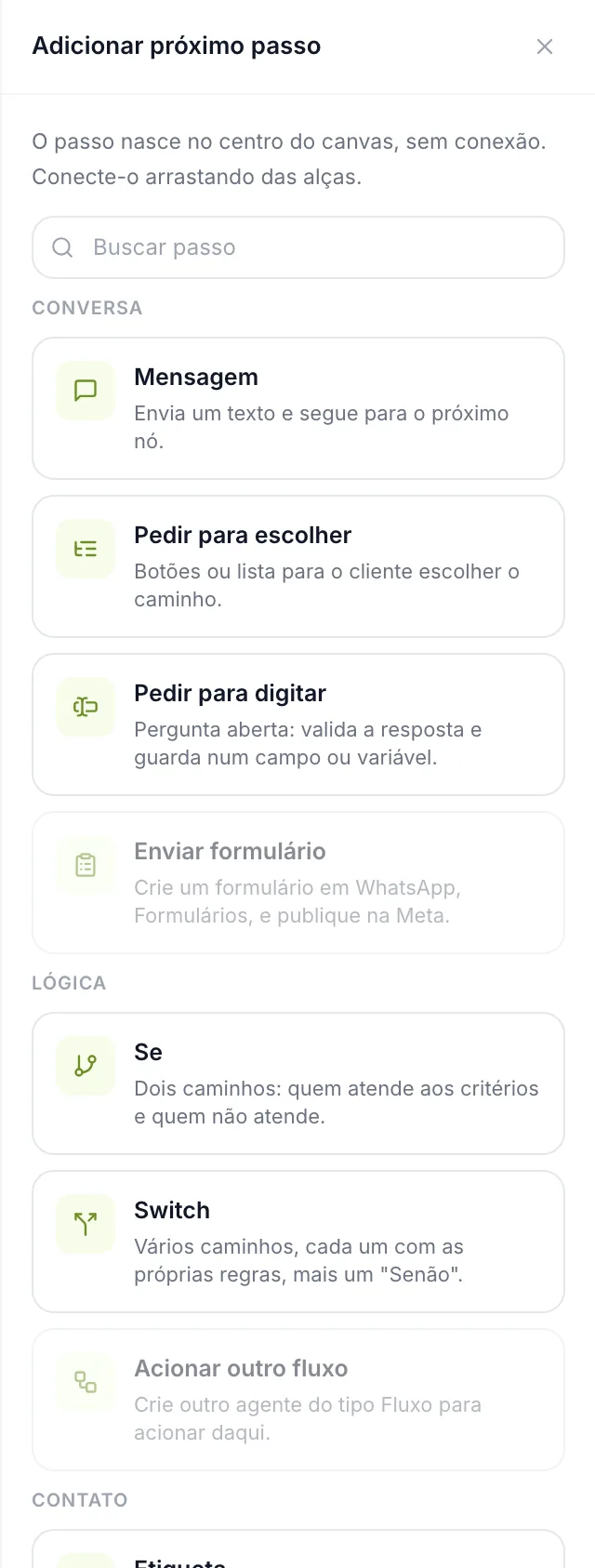 Painel de próximo passo, com os blocos agrupados e busca