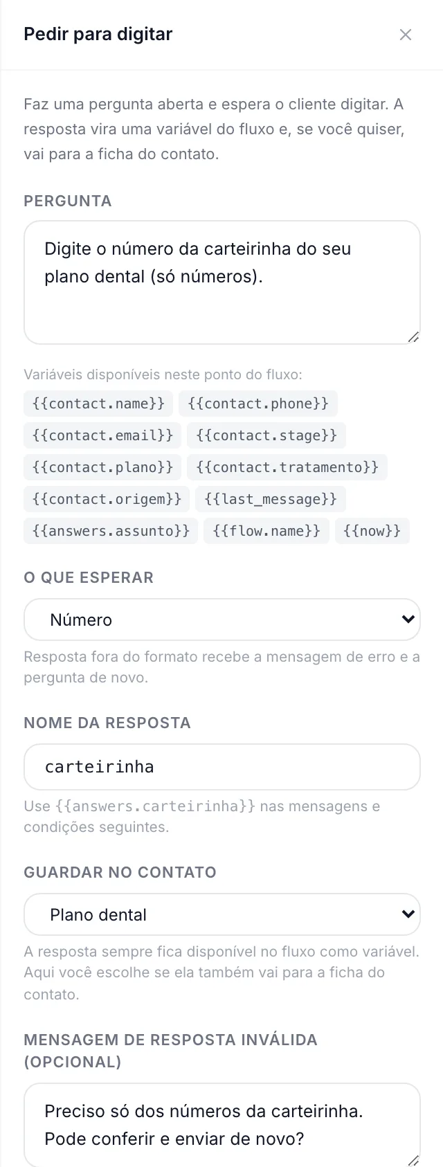 Painel do nó Pedir para digitar, com formato esperado, nome da resposta e campo do contato