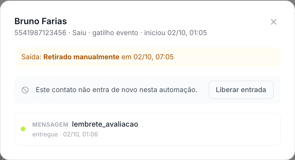 Detalhe de uma execução encerrada manualmente, com o aviso de bloqueio e o botão Liberar entrada