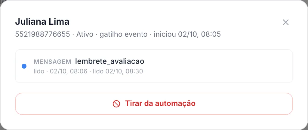 Detalhe de uma execução ativa, com o botão Tirar da automação