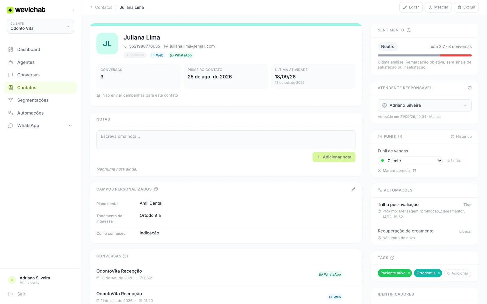 Seção Automações na ficha do contato, com os botões Tirar e Liberar