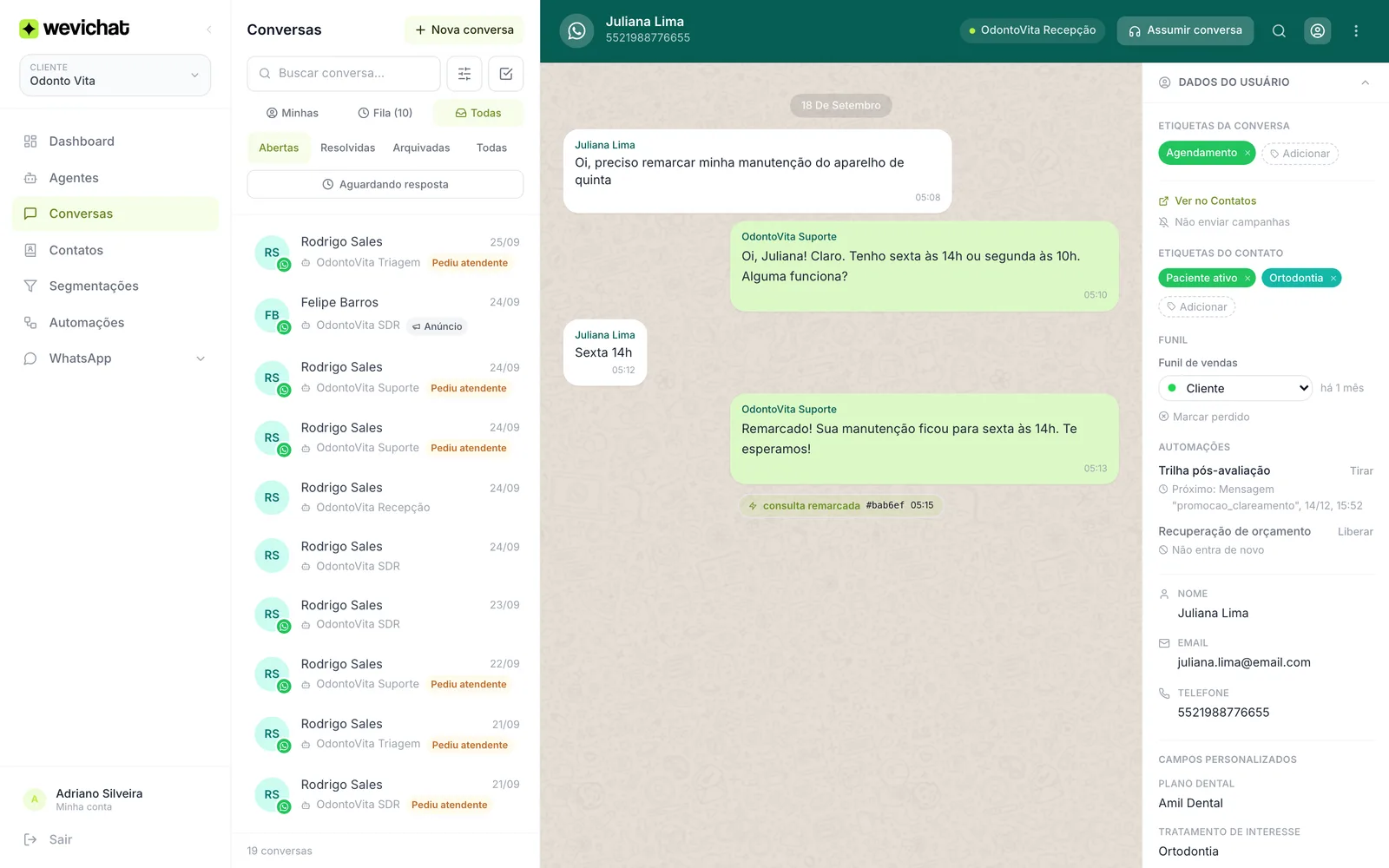 Painel lateral da conversa com a seção Automações do contato