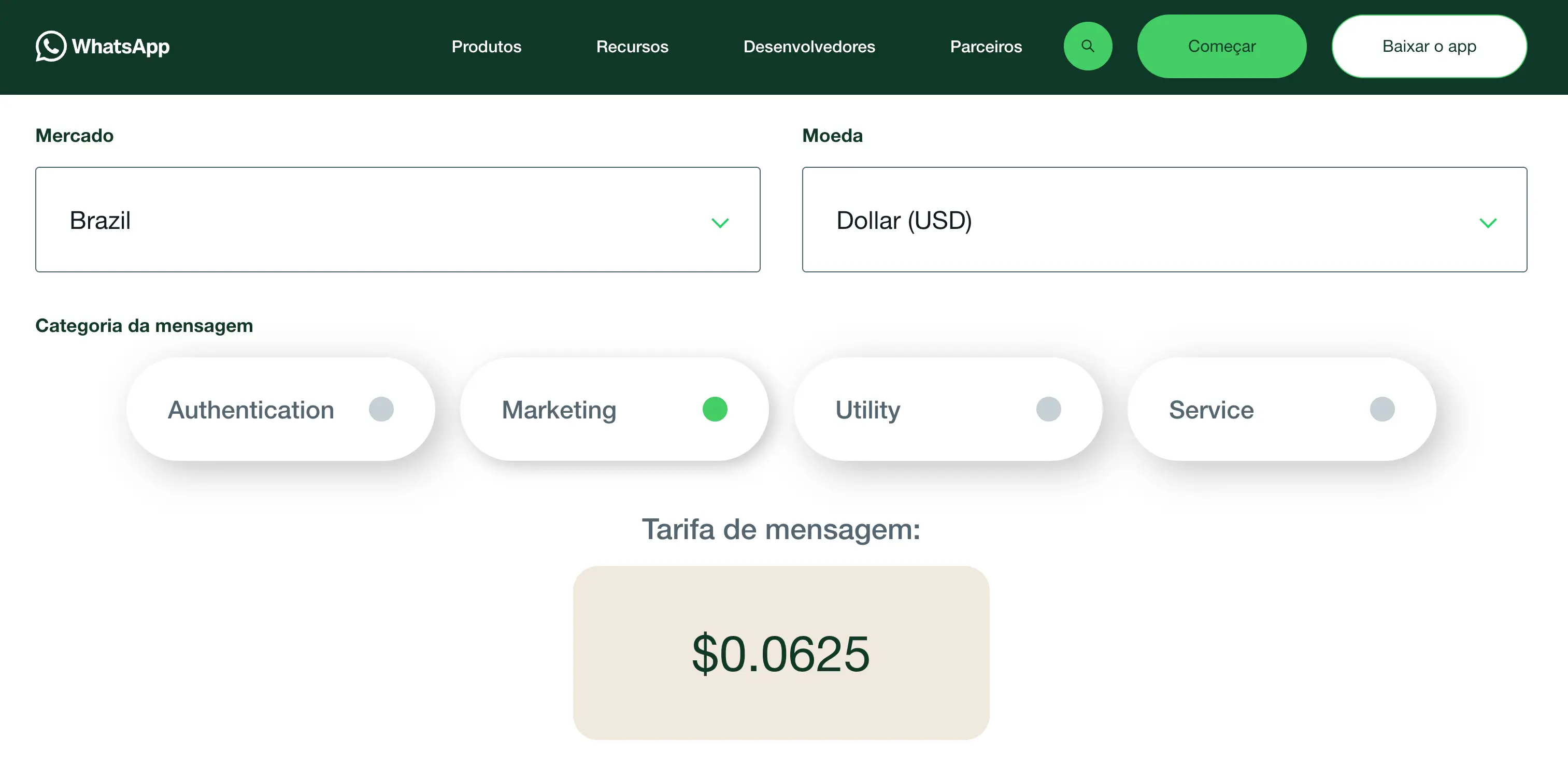 Calculadora de preços do WhatsApp Business, com Marketing selecionado mostrando a tarifa de US$ 0,0625 para o Brasil