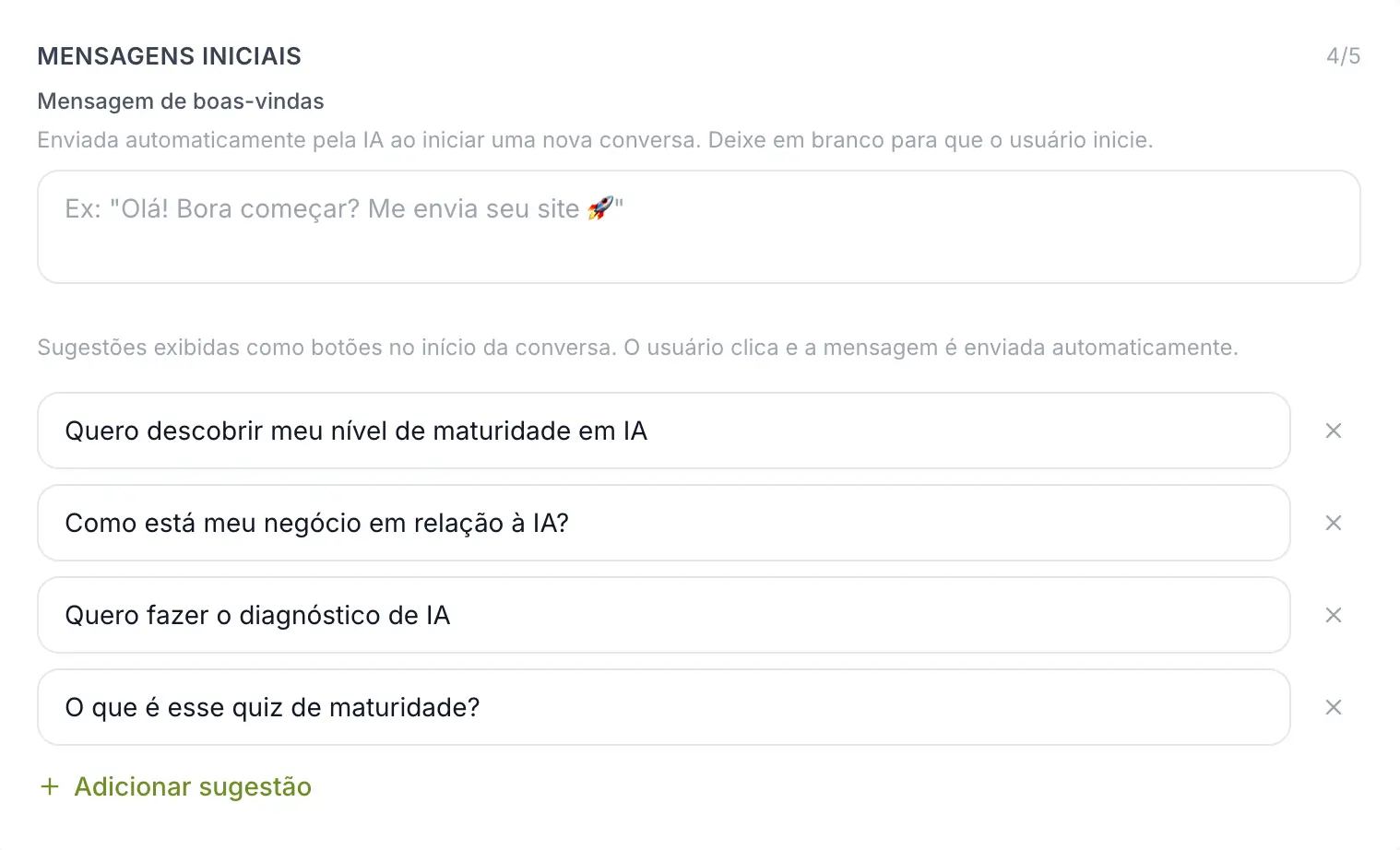 Mensagens iniciais do agente