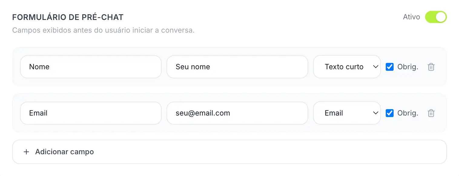 Formulário de pré-chat