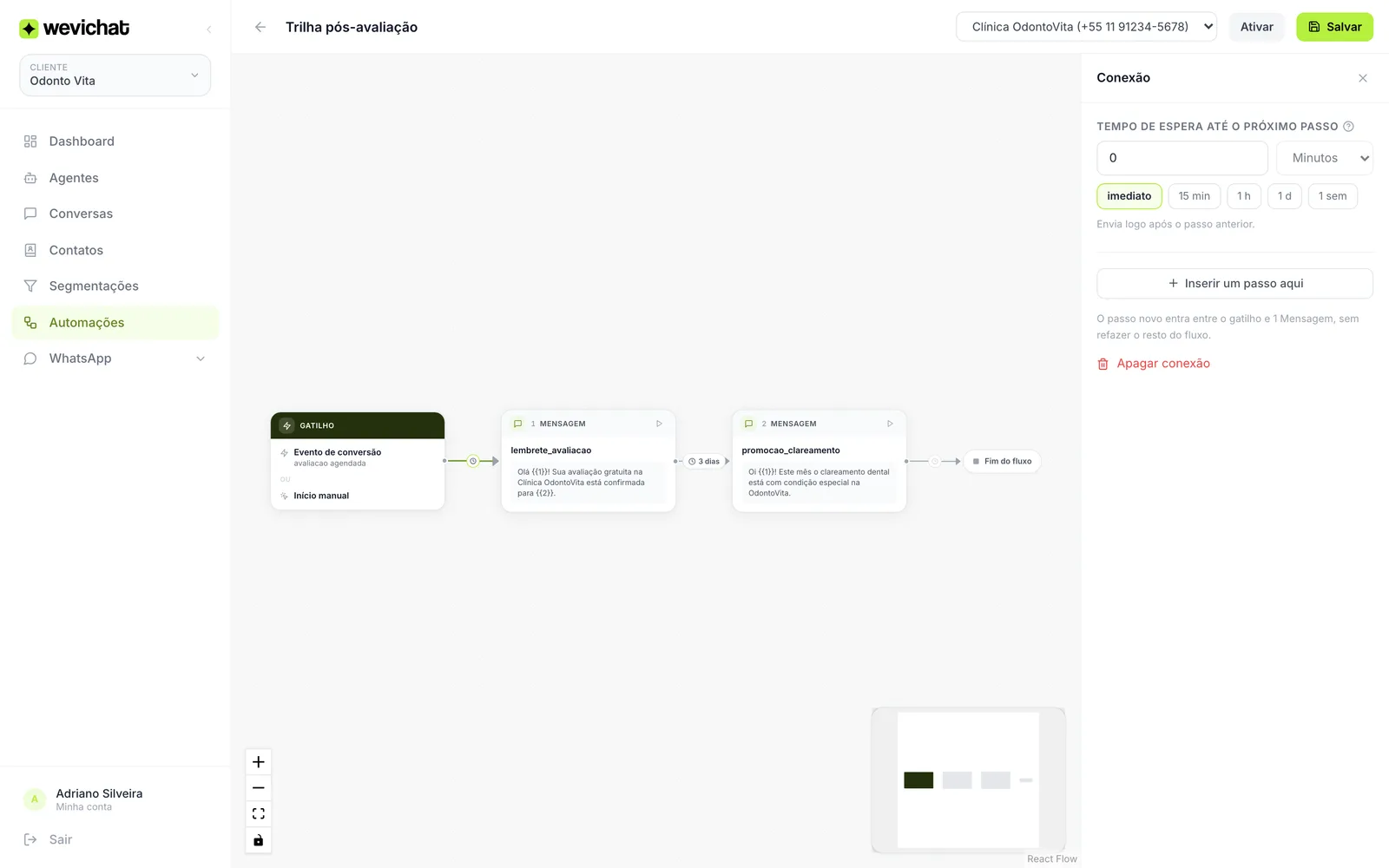 Painel da conexão com o tempo de espera, o botão Inserir um passo aqui e a ação Apagar conexão