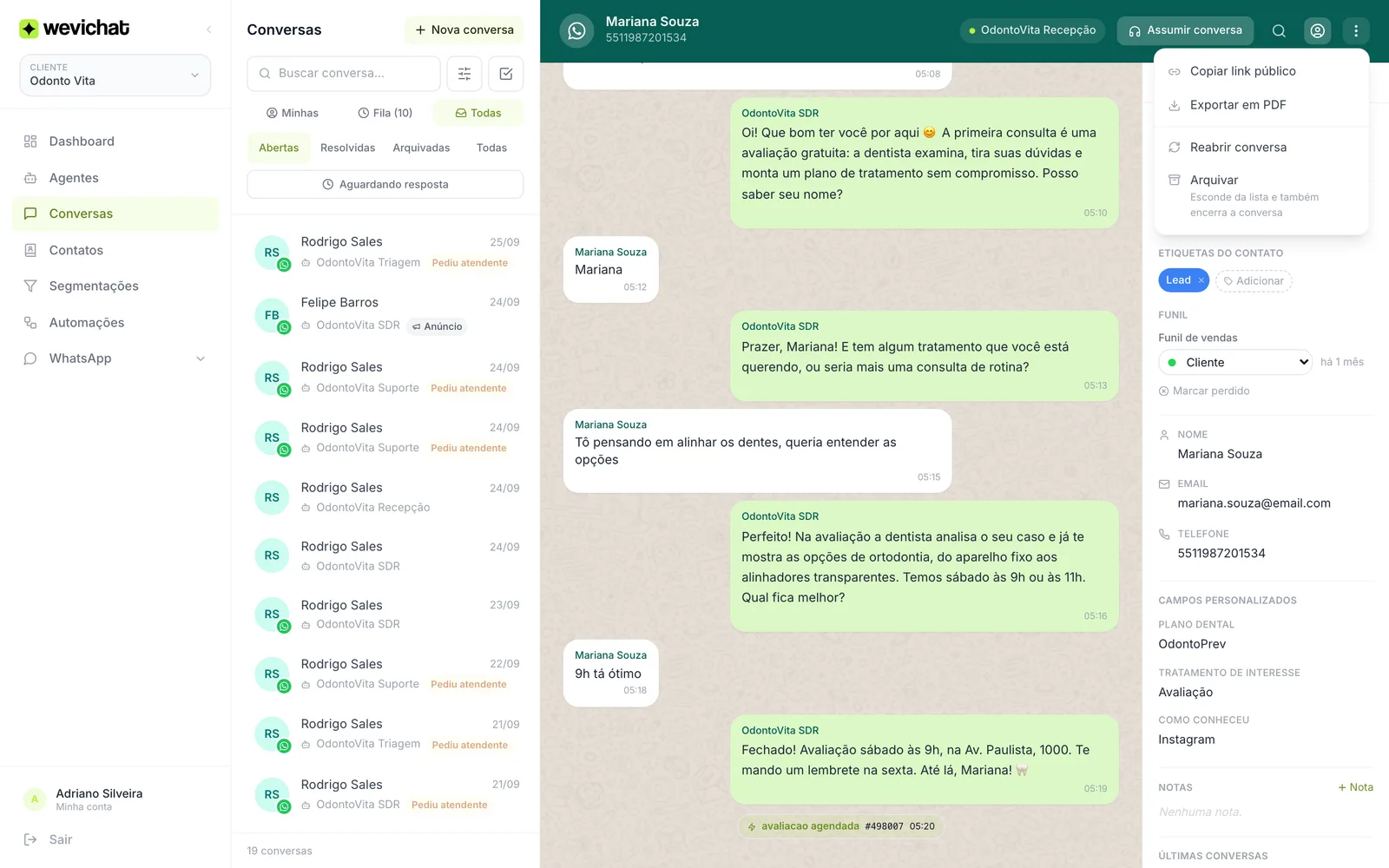 Menu de ações da conversa aberto, com a opção Exportar em PDF logo abaixo de Copiar link público