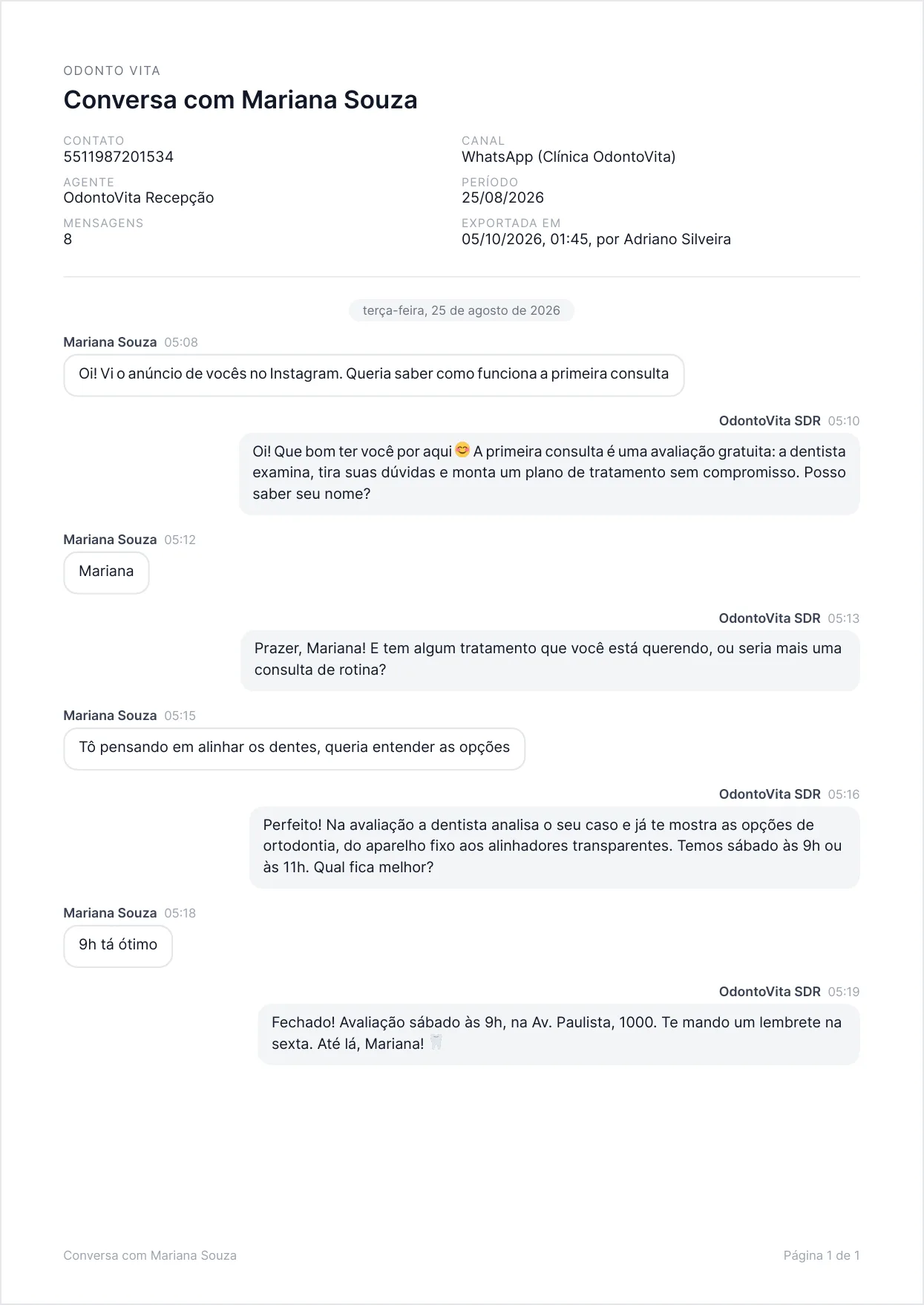 Primeira página do PDF exportado, com o cabeçalho da conversa e as mensagens em balões