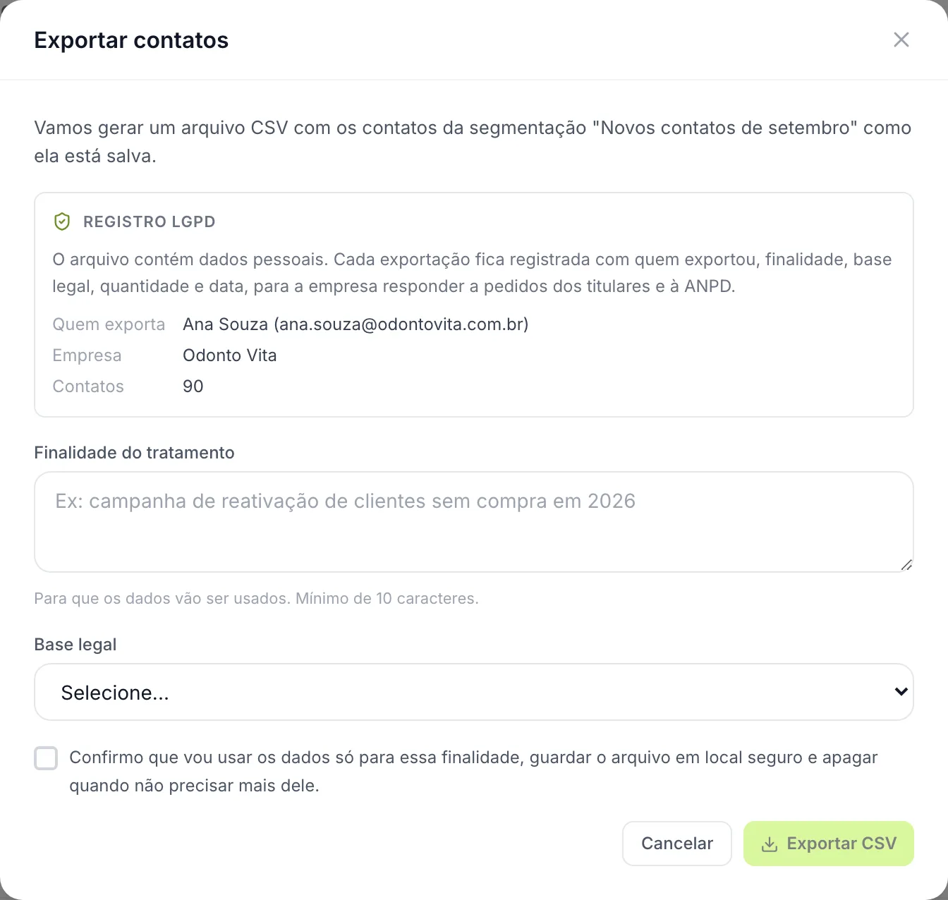 Janela de exportação com o registro LGPD, finalidade do tratamento, base legal e confirmação