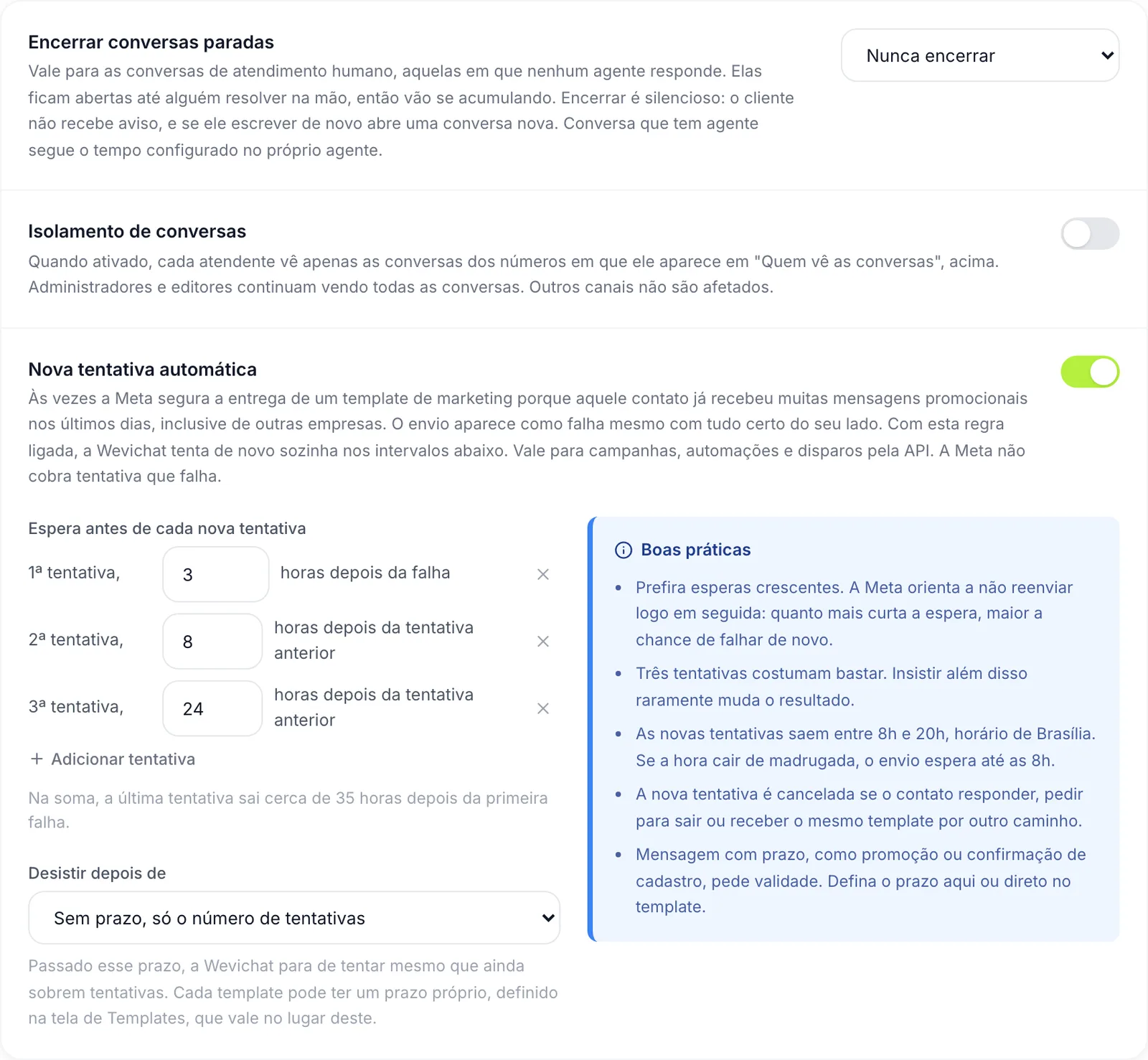 Regra de nova tentativa automática no card Regras da conta