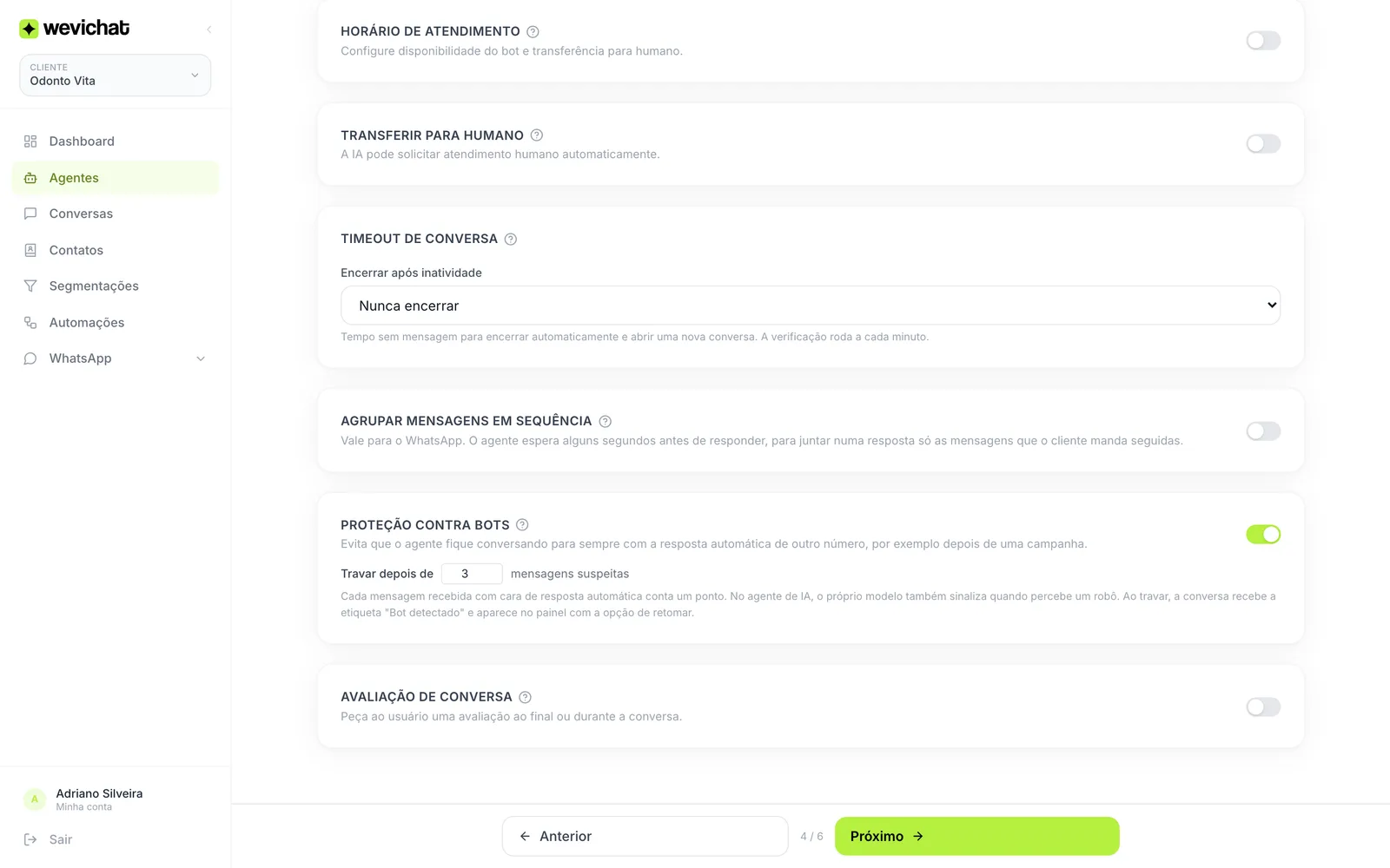 Seção Proteção contra bots na etapa Atendimento do agente, com a chave ligada e o limite de 3 mensagens suspeitas