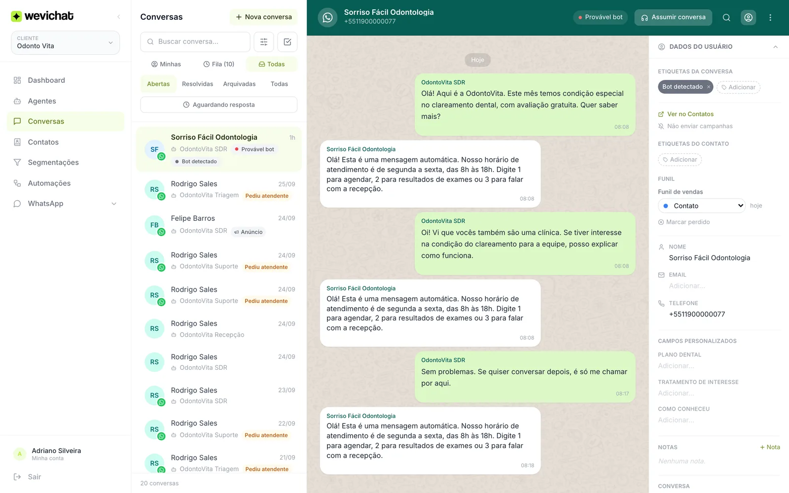 Conversa travada pela proteção contra bots, com o aviso Provável bot no topo e a etiqueta Bot detectado
