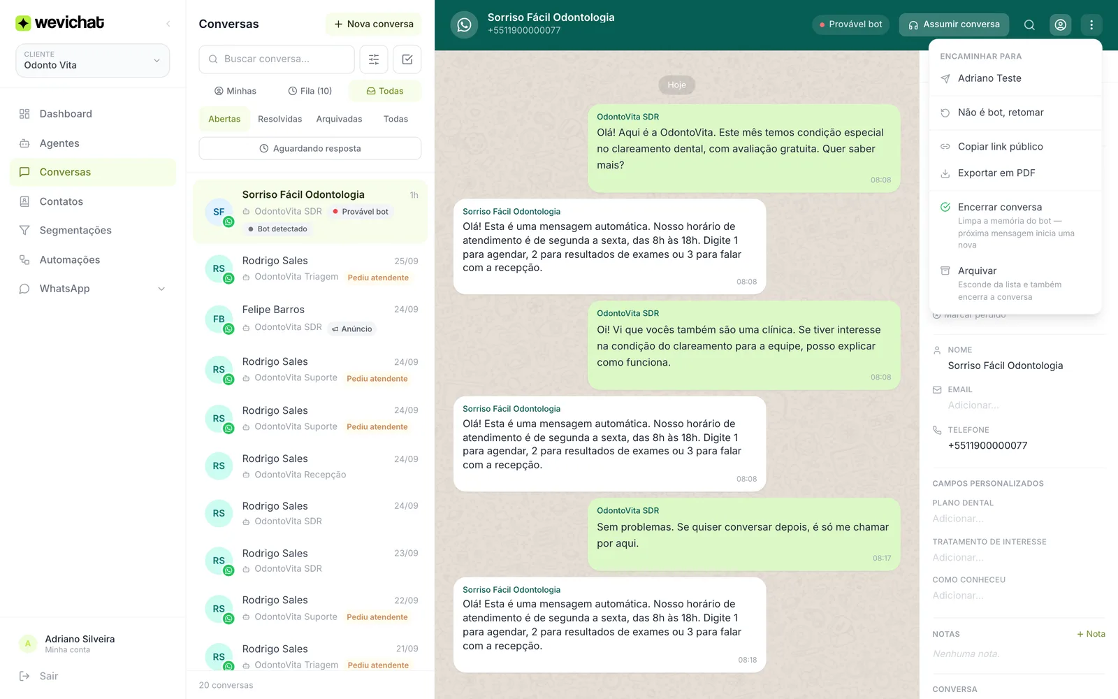 Menu de ações da conversa com a opção Não é bot, retomar