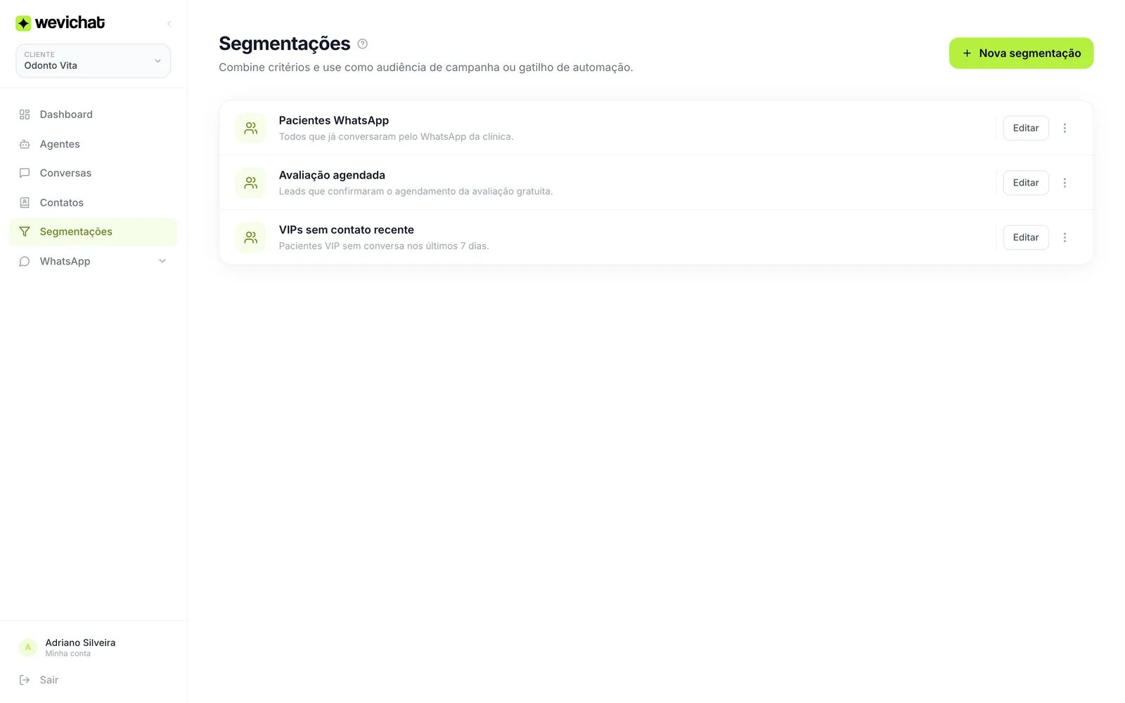 Lista de segmentações com três listas dinâmicas criadas