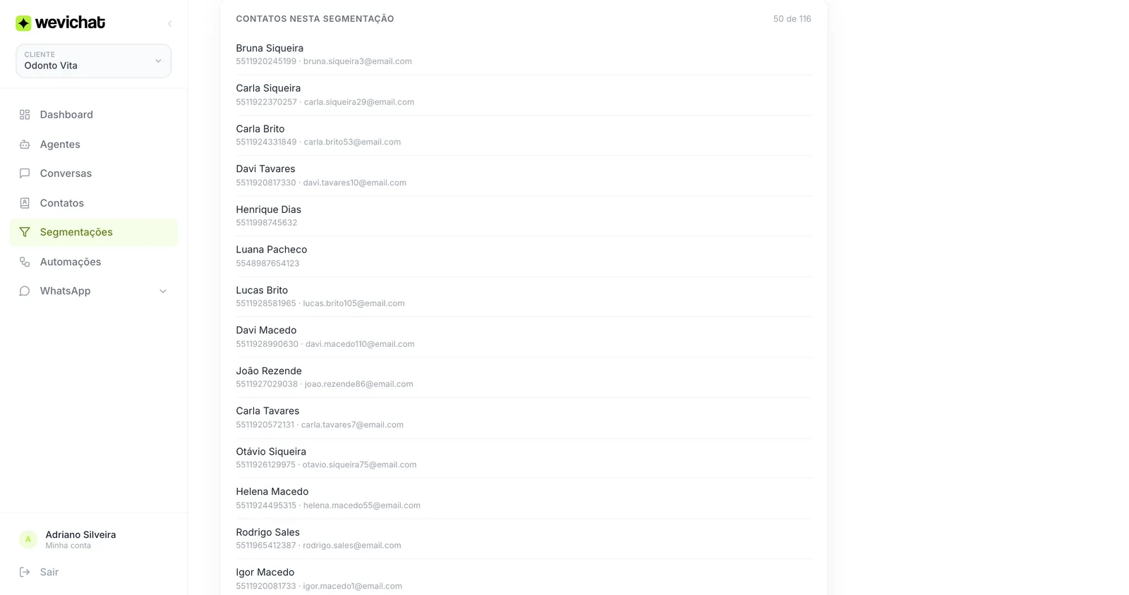 Card Contatos nesta segmentação com a relação de contatos que atendem aos critérios
